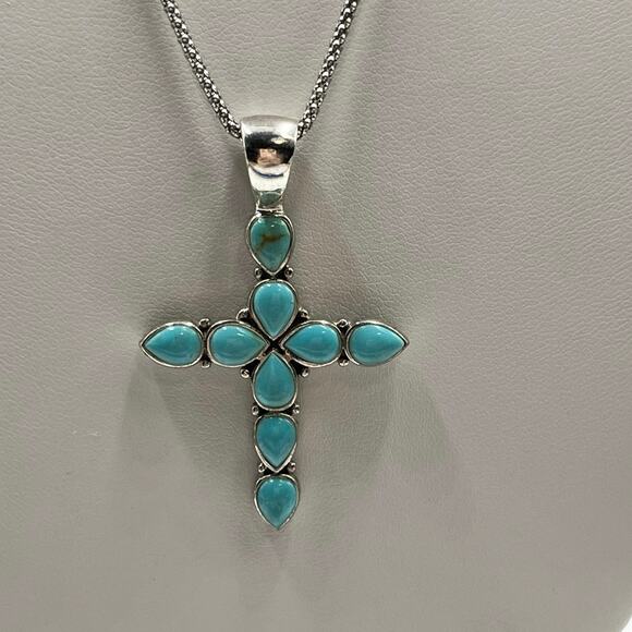Vintage Sterling Silver Turquoise Cross Pendant Necklace Designer Signed - Picture 1 of 10